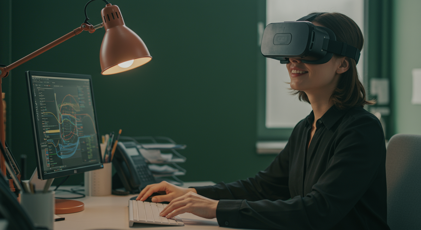 grop plan de face sur une femme derrière un bureau avec un casque d erealité virtuel a la minaurity report, bureau ala fois traditionel et technologique, belle lumiere, chaleur , joie